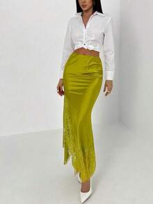 Falda elegante de mujer con parches de encaje de unicolor - Mostaza Amarilla - Ver 8