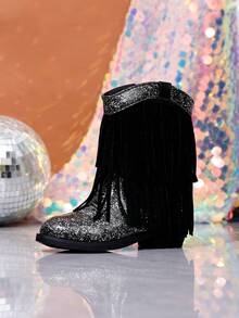 NILOSH Girls' Glitter Tassel Denim Boots, Western Mid-Calf Boots, Suitable For Parties, Dancing And Performances - Black - View 9