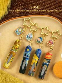 1/2/4pcs Summer Perfume Spray Bottles, Oil Painting Starry Sky Pattern Bottom Filled Perfume Bottles, Metal Flower Pendant Keychain, 5ml Reusable Perfume Decant Tool, Summer Travel Essential Perfume Decant Bottle, Girls Holiday Gift, Mini Perfume - View 1