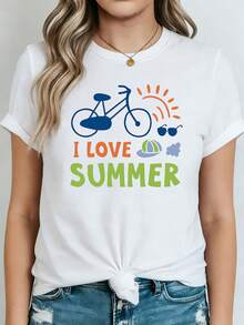Camiseta de mujer de talla grande para primavera/verano con estampado "I LOVE SUMMER" de Premium Bicycle / Sun . Adecuada para ciclismo de verano, campamentos al aire libre, vacacione - Blanco - Ver 1