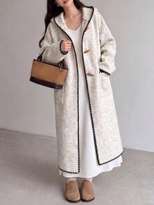 Women's Casual Contrast Color Trim Hooded Cardigan Sweater Coat, Long Style For Winter Fall - Oatmeal - View 2