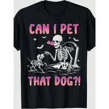 Camiseta de algodón puro de talla europea [100% Algodón] con divertido estampado de esqueleto "¿Puedo acariciar eso?" - Negro - Ver 2