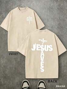 Jesus Graphic Print T-Shirt 'God Has A Plan', Double-Sided Print, Washed T-Shirt, Party Favors, Y2K Graphic Tees For Men, Vintage Washed Style T-Shirts - 杏 1 - 查看 1