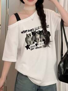 白色不對稱單肩貓咪印花短袖T恤，修身貼身性感風，可愛青春基本款韓系甜酷休閒夏季T恤 - 白色 - 查看 1