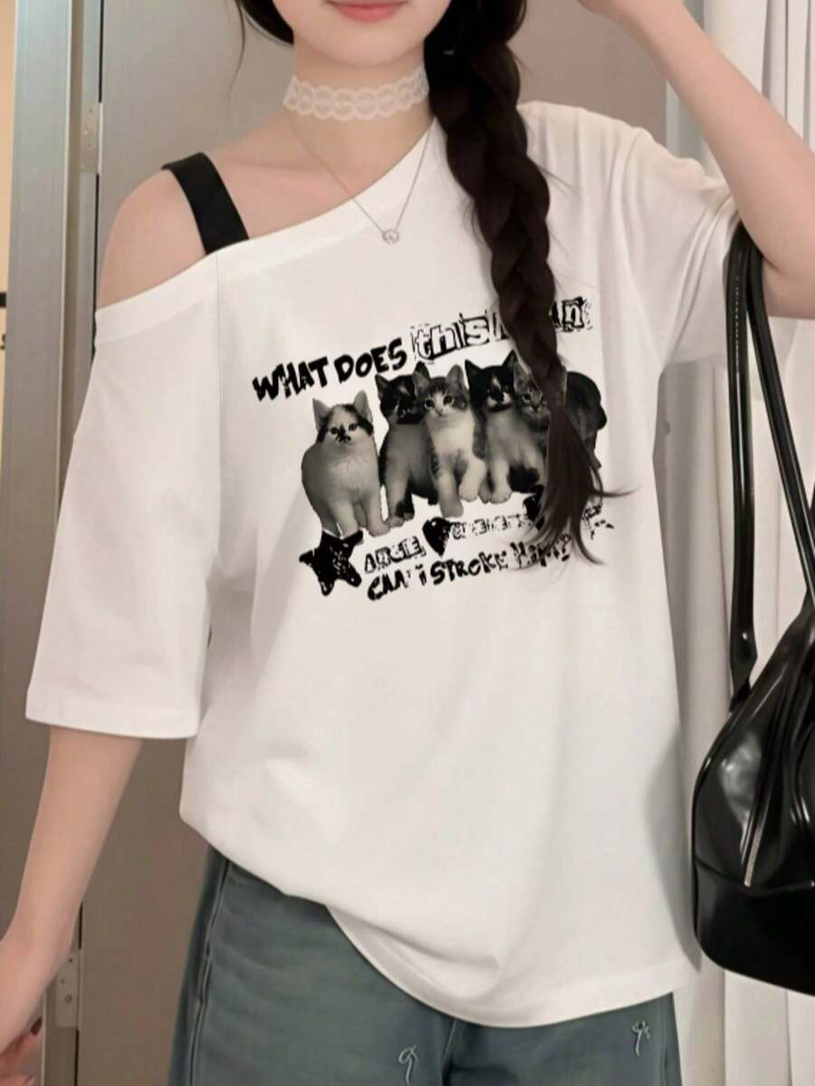 白色不對稱單肩貓咪印花短袖T恤,修身貼身性感風,可愛青春基本款韓系甜酷休閒夏季T恤 - 白色 - 查看 1