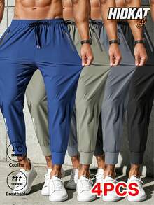 4pcs Men's Solid Color Casual 3/4 Pants With Pockets, Drawstring Waist High Stretch Trousers Suitable For Outdoor Activities, Reflective Design, Spring/Summer - Multicolor - View 2