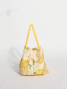 1pc Yellow 3D Applique Mesh Embroidered Floral Pattern Bucket Bag Women's Handbag Premium Versatile Handheld Wing Bag Fashion Personalized Multi-Functional Multi-Shape Bag Romantic Wedding Season Bridal Bag Suitable For Vacation Style Beach Travel Casual Party Vacation Atmosphere Bag (Floral Pattern Randomly Cropped And Distributed) - Yellow - View 6