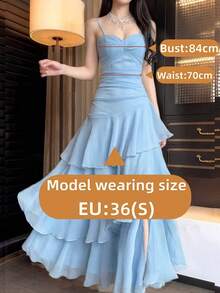 Elegant Asymmetric Ruffle Strap Dress, Fashion Versatile, Suitable For Women, Minimalist Spaghetti Strap Design, Suitable For Party, Prom, Evening, Birthday, Wedding, Back To School And Other Occasions, Dignified And Slim-Fitting Style Summer - Dusty Blue - View 4