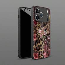 1件豹紋花卉櫻桃圖案玻璃手機殼 高端優雅 適用於Apple 鋼化玻璃材質 - 黑色 - 查看 3