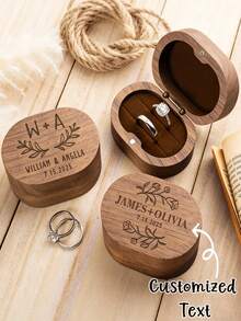 CFUNIQ 1pc Wood Oval 2-Slot Custom Ring Box, Square Walnut Ring Box, Round Ring Box For Wedding Rings, Laser Engraved For Proposal, Engagement, Personalized Gift - Multicolor - View 13