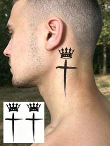 1pc Black Cross Crown Temporary Tattoo Sticker, Suitable For Men And Women Adults, Can Be Used On Hands, Fingers, Neck, Collarbone, Ankles, Forearms, Calves And Other Body Parts, Semi-Permanent Fake Tattoo Sticker, Waterproof And Long-Lasting, Realistic Effect, Suitable For Festivals, Parties And Other Occasions. - Multicolor - View 2