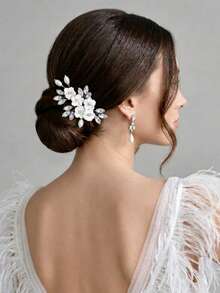 1pc Elegant Bridal Hair Pin Soft Clay Flower Women Hair Accessory Suitable For Wedding Party - Silver - View 5