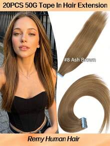 Jessie's Selection 20pcs/Pack 50g Tape In Hair Extensions Skin Weft Remy Silky Straight Seamless Invisible Tape Adhensive 150Grams 100% Human Hair Extensions For Volume Add Length Luxury Quality Affordable Cost Salon Quality(#8 Ash Brown) - S8 - 查看 9