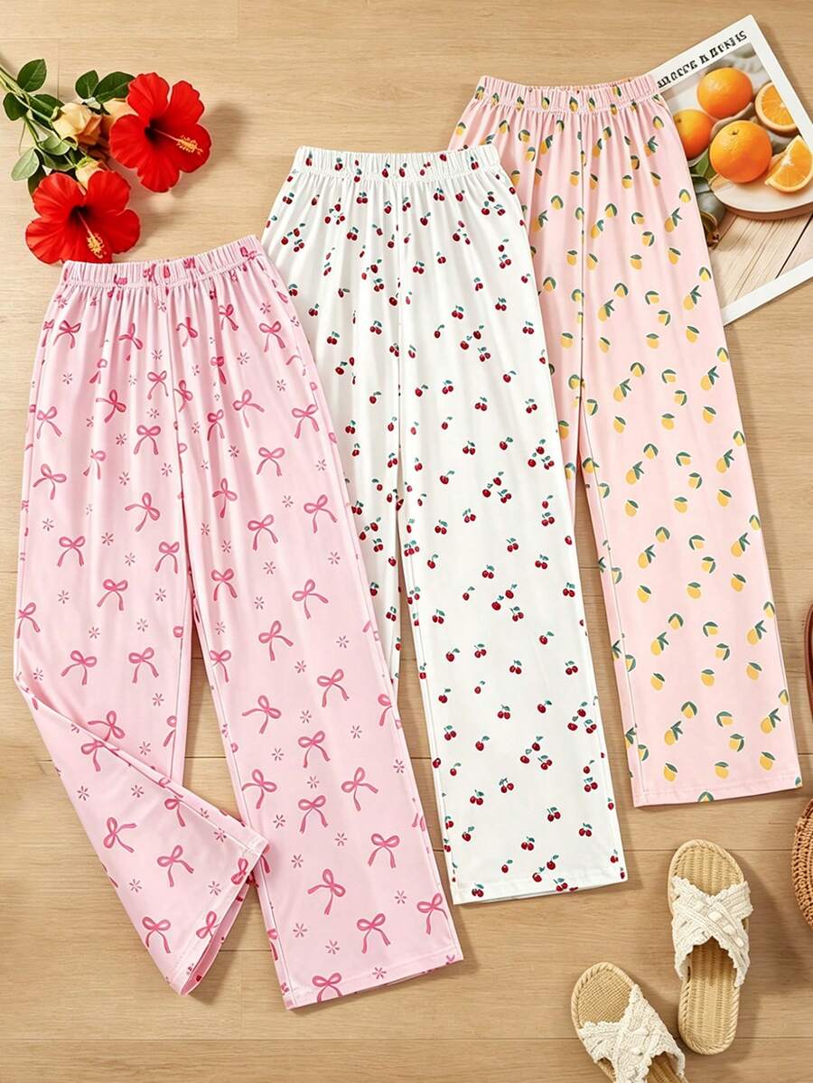 3pcs Fashion Girls Casual Bow Cherry Lemon Pattern Design, Wide Leg Loose Comfortable Pants, Suitable For Spring And Autumn Children's Clothing, Soft And Comfortable Fabric - Multicolor - View 1