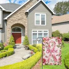 Outdoor Garden Flag, 2D Flat Yard Decor, Pink Ribbon Yard Flag, "Believe" Inspirational Floral Butterfly Pattern, No Metal Pole Only Flag, Double-Sided Printed Yard Garden Flag, Suitable For Holiday Decoration - Multiple Colors - View 6