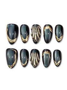 10pcs Short Almond Shaped Press-On Nails, Deep Green Cat Eye Style With 3D Metal Gold Shell And Marble Trim, Luxury Glossy False Nails - 彩色 - 查看 2