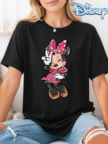 Disney Minnie Mouse Winking Peace Sign Pink Polka Dot Bow Gold Glitter Shoe Cartoon Print Oversized Loose Casual Tee - Black - View 1