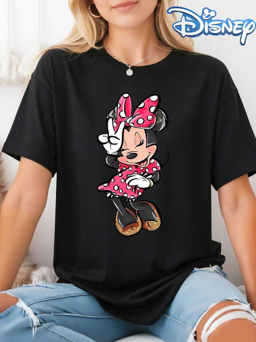 Disney Minnie Mouse Winking Peace Sign Pink Polka Dot Bow Gold Glitter Shoe Cartoon Print Oversized Loose Casual Tee - Black - View 1