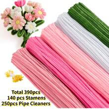 390 pièces de cure-pipes 5 couleurs Kit d'artisanat DIY avec étamines - tiges de chenille violettes, bleues, orange, roses et rouges pour bouquet de fleurs fait main, cadeau de la Fête des Pères & de la remise des diplômes, bouquet de mariée & décoration de la maison - cure-pipes + étamines de fleurs - Voir 13
