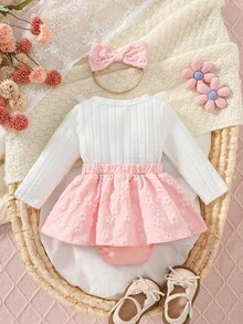 Newborn Baby Girl Long Sleeve Lace Embroidered Princess Romper With 3D Bow Full Print Pink Floral Dress Style Bodysuit And Bow Hair Tie, Cute 2 Pieces Set For 1st Birthday Party And Outings, Spring/Autumn - Pink - View 2