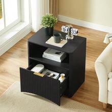 Grooved Bedside Table With Open Drawer And Gold Handles, Space-Saving, Ideal For Bedrooms And Living Rooms, Black - Black - View 3