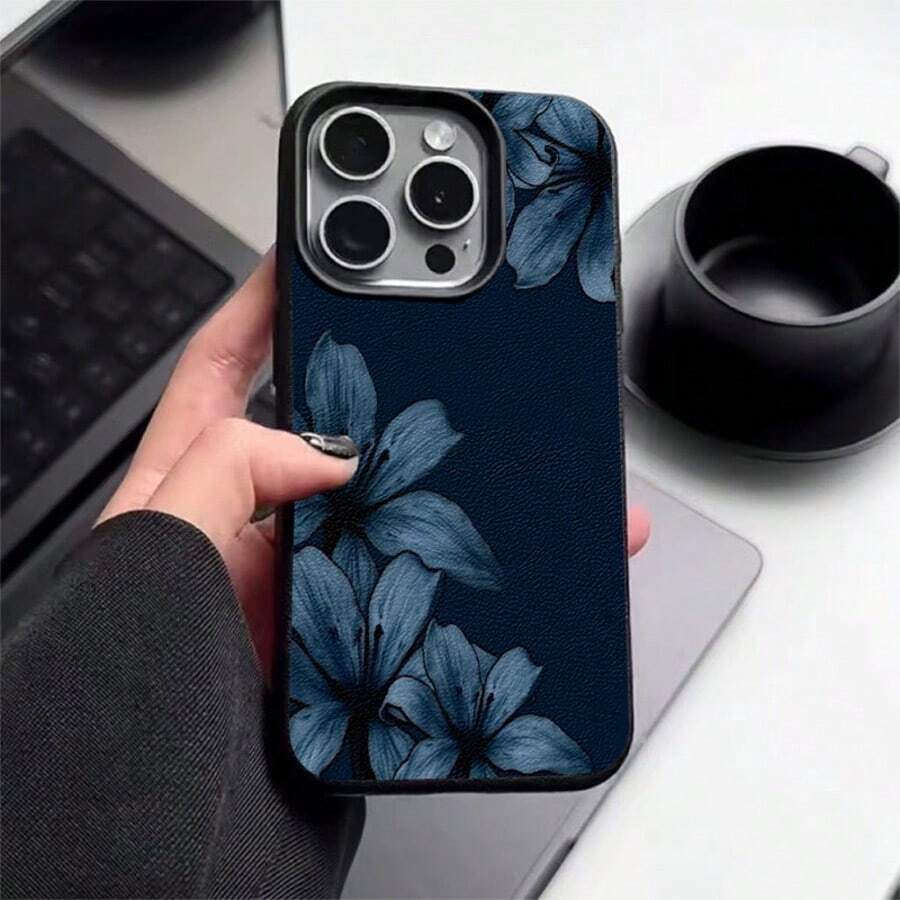 1pc TPU Material Blue Background Lily Flower Pattern Phone Case Compatible With IPhone 17 Pro Max/17/16 Pro Max/15/13/12/11/ S20 FE/A15/S24/A55/ Note 11/Note 12/Note 13 Pro Full Coverage Anti-Fall Soft Shell Phone Protective Cover - Black - View 1
