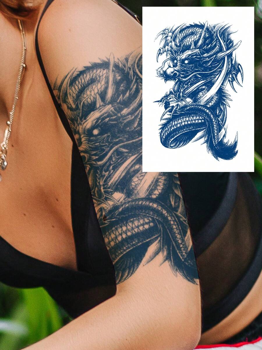 草本果汁半永久魔幻紋身貼,大膽龍圖案,14天不褪色,音樂節派對禮物,手臂、腿部、身體臨時紋身貼,1片/包 - 藍色 - 查看 1