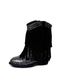NILOSH Girls' Glitter Tassel Denim Boots, Western Mid-Calf Boots, Suitable For Parties, Dancing And Performances - Black - View 27