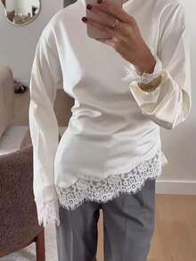 女士优雅通勤缎面上衣，蕾丝拼接圆领长袖系带上衣，纯色梭织蕾丝拼接不对称/不对称优雅办公日常约会款（白色半透明）春季 - 白色 - 查看 7