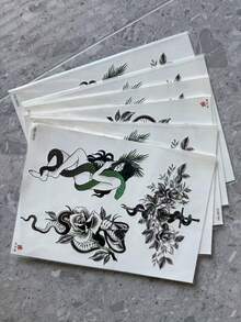 Waterproof Temporary Tattoo Sticker, 1pc Snake & Floral Pattern Paper Tattoo Sticker, Animal Pattern Sticker, Multi-Functional Unisex Body Art Waterproof Sweat-Resistant Fake Tattoo, Suitable For Your Arms, Chest, Abdomen And Back Easy To Apply And Remove - Black - View 10