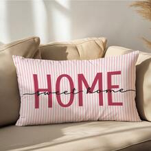 1pc Minimalist Daily Pink Striped Warm Home Slogan "Sweet Home" Text Illustration Cushion Cover, Single-Sided Printed Peach Skin Velvet Material, 30*50/40*60CM Pillowcase Suitable For Modern Minimalist Sofa Living Room Decor, Party Decoration, Gift Giving - Multicolor - View 7