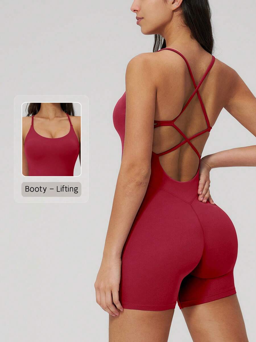 NcmRyu 1pc Women's Solid Color Crisscross Back Fitted Elastic Backless Yoga Fitness Jumpsuit Sports - Red - View 1