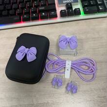 6件組 3D蝴蝶結充電器保護套組，包含數據線保護套/充電頭外殼/線材夾與收納袋，黑色便攜硬殼可收納全套配件，適用 Apple 18/20W 快充保護與收納，適合學生日常通勤，多功能數位裝飾禮物送給閨蜜甜美女孩 - 彩色 - 查看 15