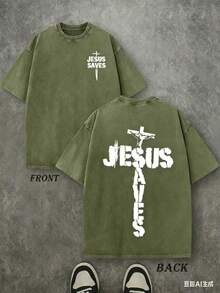 Jesus Graphic Print T-Shirt 'God Has A Plan', Double-Sided Print, Washed T-Shirt, Party Favors, Y2K Graphic Tees For Men, Vintage Washed Style T-Shirts - Xanh quân đội 1 - Xem 1