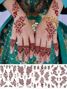 4pcs Brown Henna Temporary Tattoo Stickers, Waterproof Mandala Hand Tattoo Decals, Red Sexy Ramadan Decorative Henna Tattoo Templates For Festivals, Weddings, Parties, Valentine's Day - Brown - View 9