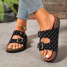 Polka Dot Double Strap Slides Korean Vintage Casual Open Toe Thick Sole Cork Sandals Soft Bottom Daily Home Outdoor Versatile Shopping Vacation Beach Shoes Comfortable Lightweight Women's Slippers - Black - View 2