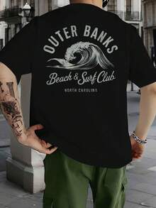 Men's Sports T-Shirt, Surf And Beach Wave Design, Round Neck, Short Sleeves, Breathable Polyester, For Summer, Relaxed And Modern Style - Black - View 1