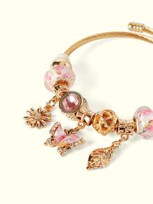 Popjeli 1pc Stainless Steel Bracelet With Colorful Butterfly, Leaf & Daisy Charm - Gold Pink - View 6