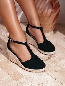 Sandalias negras de mujer con suela gruesa, correa en T con hebilla, punta cerrada, tacón de cuña, plataforma tejida y tacón alto, estilo vacacional para verano - Negro - Ver 4