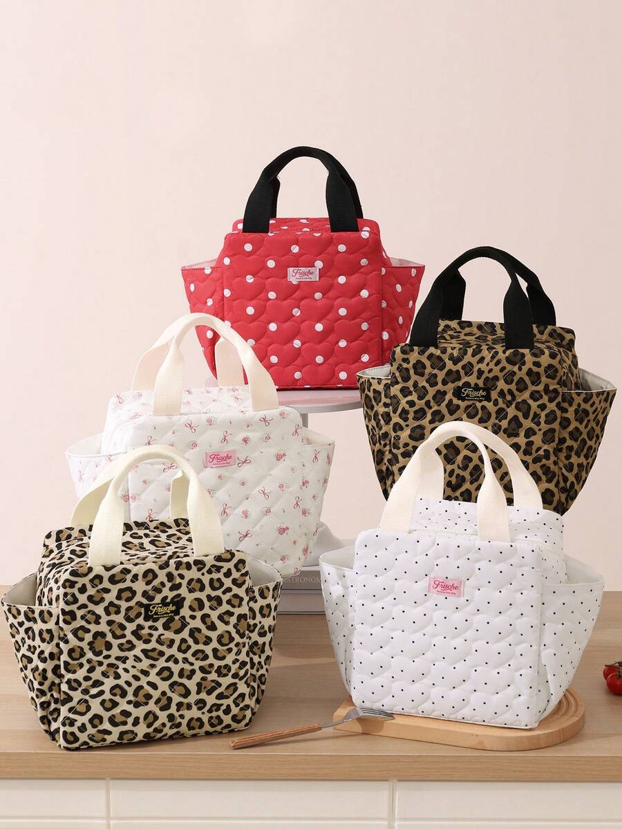 Large Capacity Insulated Lunch Bag, 9.5L Portable Cute Bento Bag, Dual Pocket Design, Heart-Shaped Quilted Bow Print, Waterproof Insulated Lunch Box Bag, Suitable For Women, Students, Teachers, Office Workers, Picnic, Work, Office, Travel, Camping, Back To School Essential Cooler Bag
