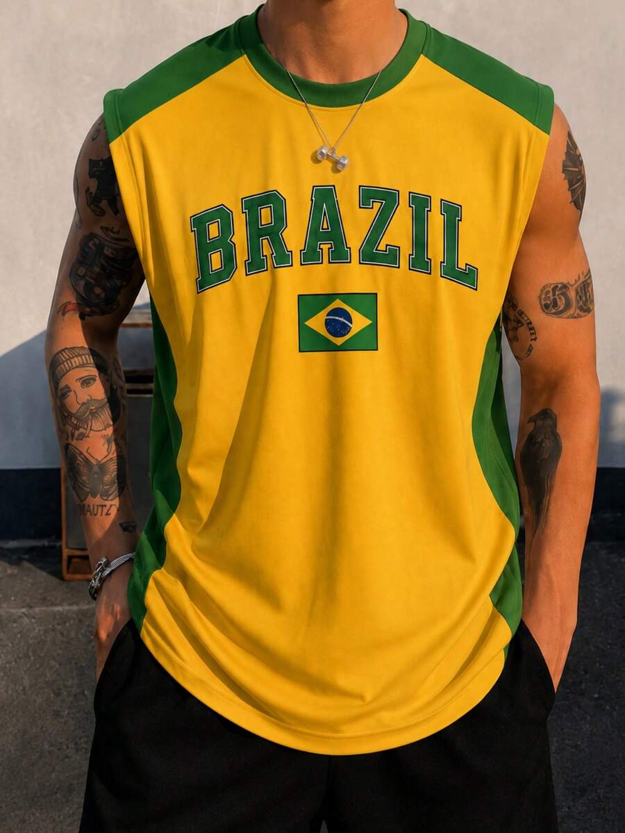 Fractyr 男士「巴西」國旗印花拼接配色無袖背心,柔軟復古運動寬鬆肌肉背心,復古足球休閒夏季背心 - 黃色 - 查看 1