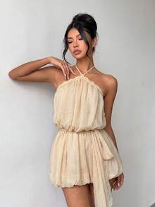 Women's Casual Fashion Halter Neck Lace Trim Puff Sleeve Mini Dress, Summer Criss-Cross Tie Back Puff Hem Dress, Suitable For Vacation, Holiday, Outing - Light Yellow - View 7
