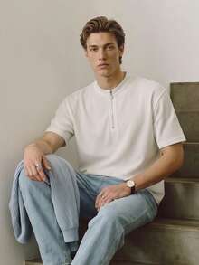 Men's White Waffle Knit Half-Zip Henley T-Shirt, Short Sleeve Casual Top - White - View 9