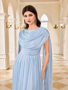 Women's Solid Color Draped Neckline And Extra Long Sleeve Elegant Romantic Dress - Baby Blue - View 4