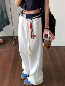 女款海軍藍復古休閒運動長褲，拼接腰頭，直筒寬鬆大腿褲，美式風格白色 - 白色 - 查看 2