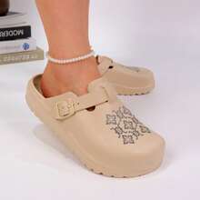 Women's Plus Size Fashion Vintage Floral Pattern Casual Clogs, Lightweight Sporty Slip-On Thick Sole Mule Sandals, Suitable For Outdoor Camping Beach - Khaki - View 3