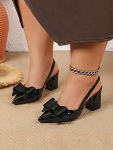 蝴蝶結裝飾優雅性感尖頭包頭高跟鞋，舒適適合派對，大尺碼寬版後扣帶細高跟女鞋涼鞋，適合胖腳的優雅婚禮鞋伴娘鞋 - 黑色 - 查看 12