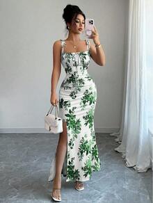 Women's Floral Mermaid Maxi Dress With Thin Straps And Bow, Square Neck, Ruched, Bodycon, For Wedding Guests, Beach Vacations And Date Nights. - 綠色 - 查看 6