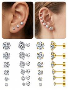 CIZME 20G 不鏽鋼平底耳釘，適合女性與男性，附 3mm、4mm、5mm、6mm、7mm、8mm 立方氧化鋯螺絲背耳釘套組，適合耳部佩戴 - 平底 - 查看 1