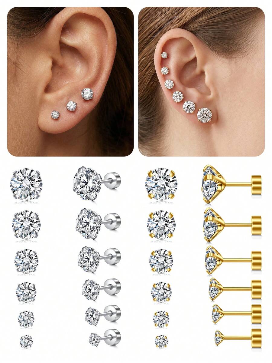 CIZME 20G 不鏽鋼平底耳釘,適合女性與男性,附 3mm、4mm、5mm、6mm、7mm、8mm 立方氧化鋯螺絲背耳釘套組,適合耳部佩戴 - 平底 - 查看 1